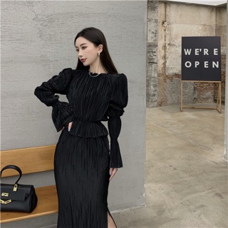 Set áo kiểu dáng peplum tay 3 tầng kèm chân váy xếp ly nhỏ (có ảnh thật)