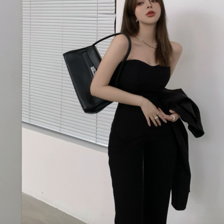 B16 Set Jumpsuit Cúp Ngực Có Đệm Ngực Kèm Áo Khoác Độn Vai