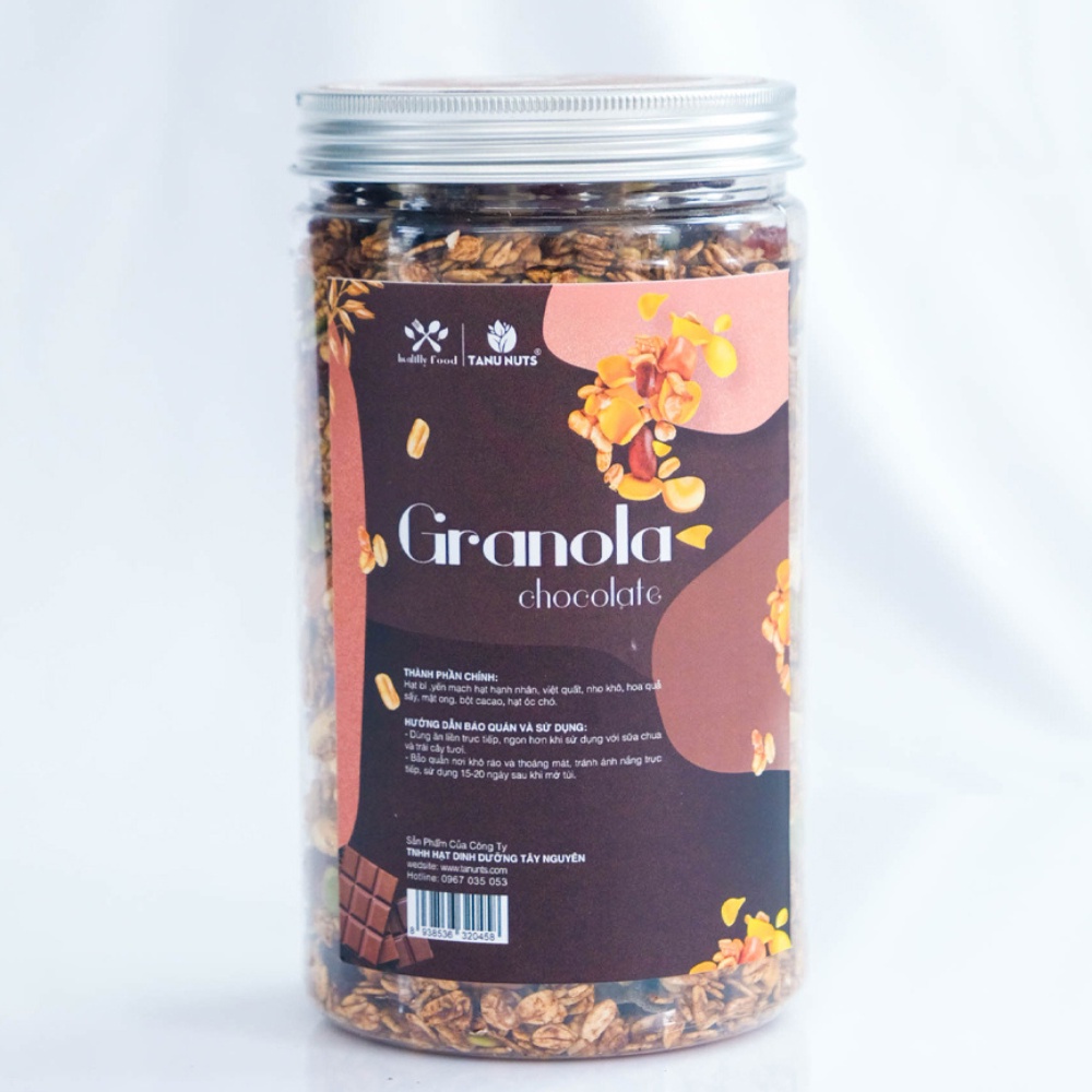 Granola ăn kiêng TANU NUTS hũ 500g chocolate, ngũ cốc 35% yến mạch mix hạt dinh dưỡng tốt cho gym, yoga.