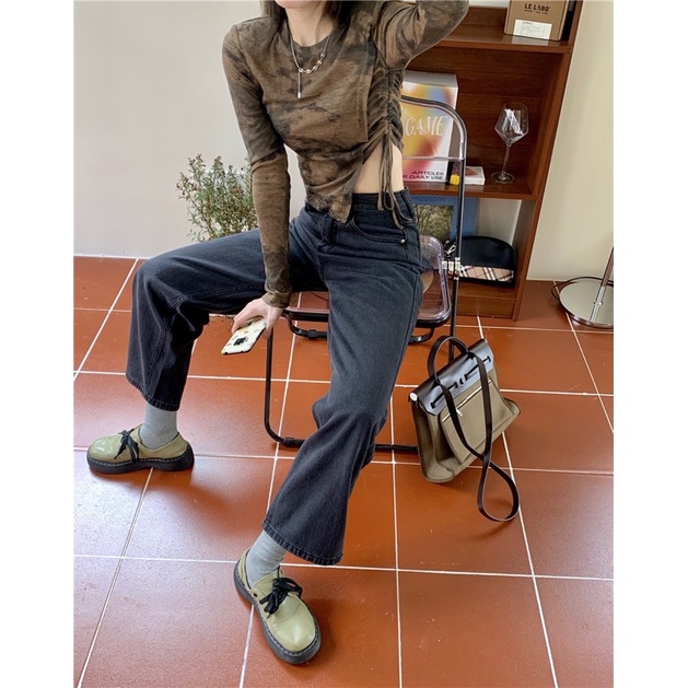 Áo thun dài tay họ tiết camo màu nâu khoét eo xẻ tà dây rút croptop