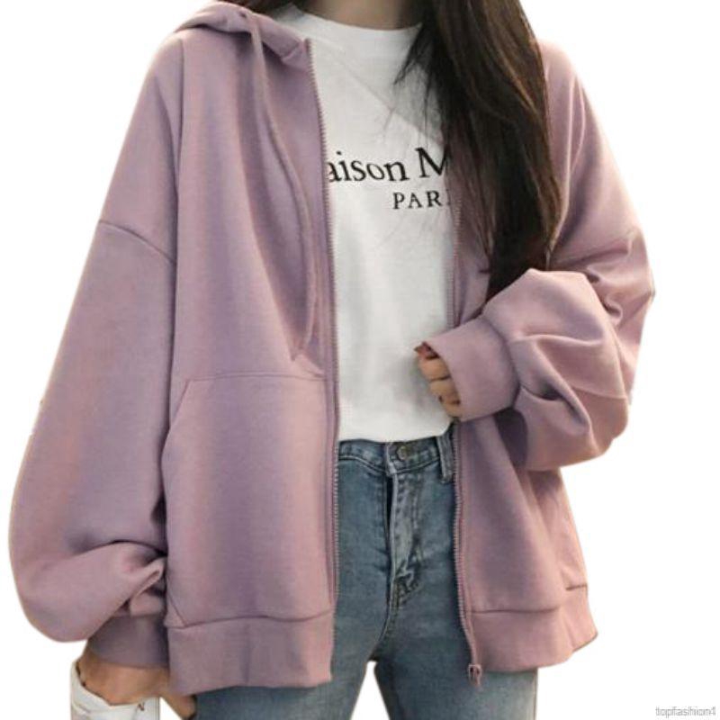 Áo khoác hoodie nhung dáng rộng màu trơn phối khoá kéo | BigBuy360 - bigbuy360.vn