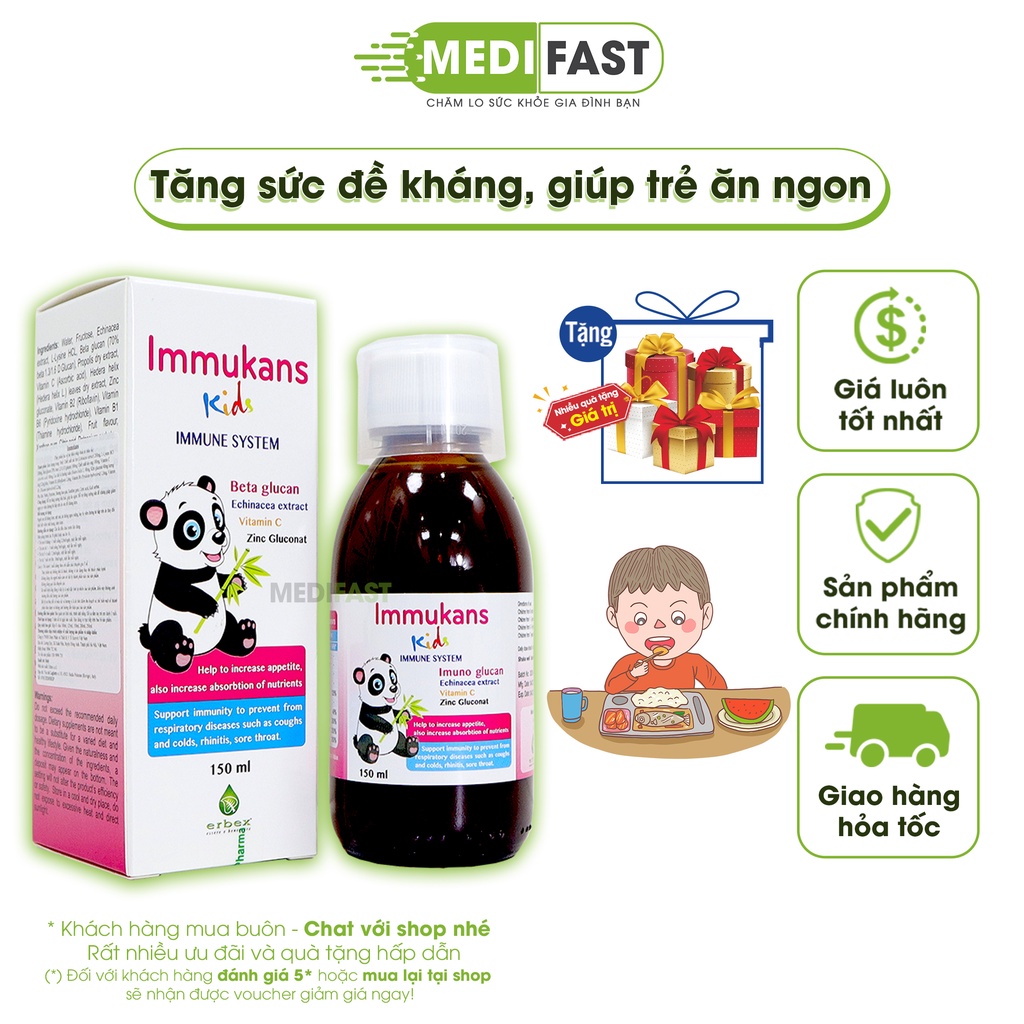 Siro cho trẻ tăng cường sức đề kháng Immukans Kids từ thảo dược, keo ong, ZinC - Chai 150ml nhập khẩu từ Ý