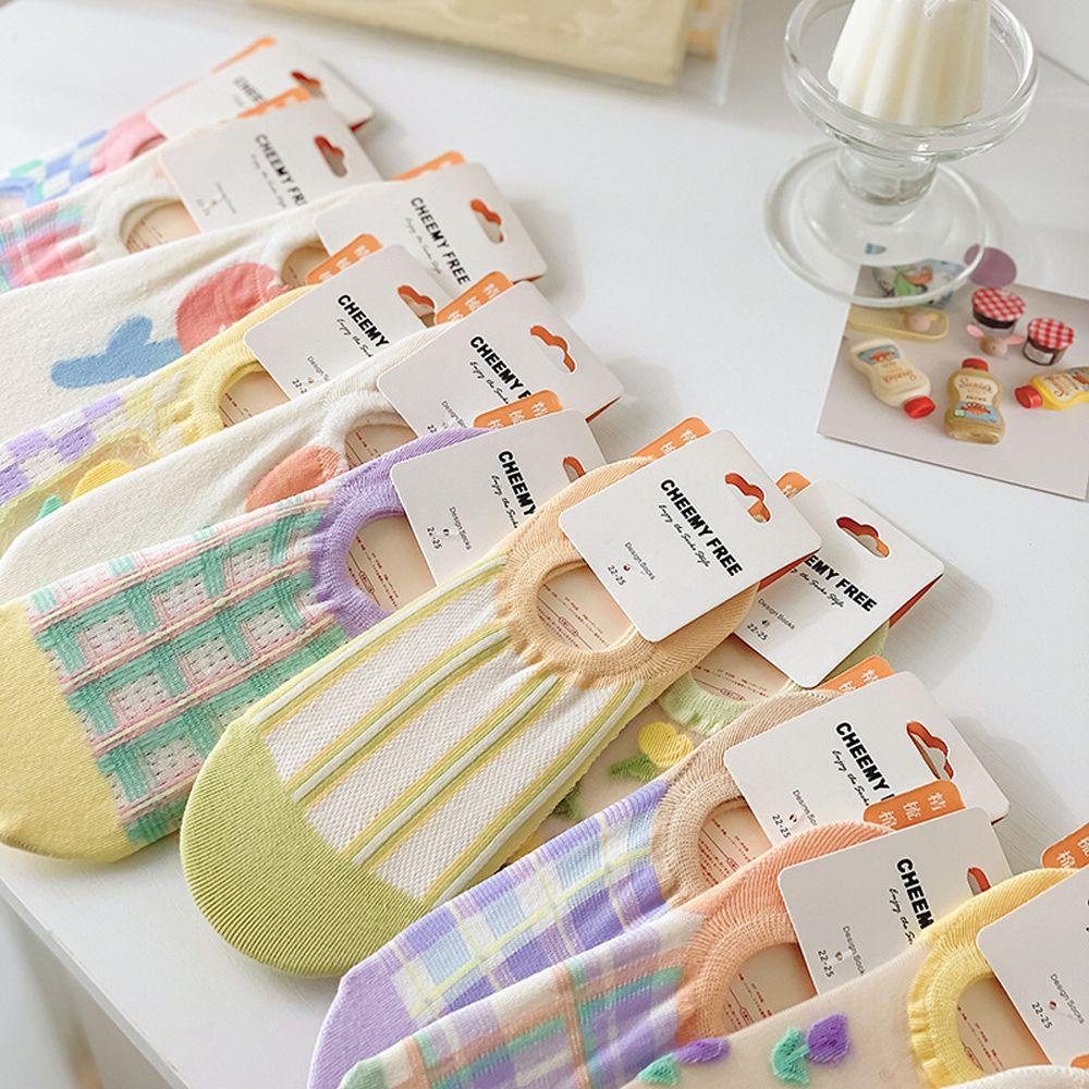 FORBETTER Vớ Thuyền Vải Cotton Phối Lưới Xuyên Thấu Họa Tiết Hoa Tulip Phong Cách Harajuku Cổ Điển Thời Trang