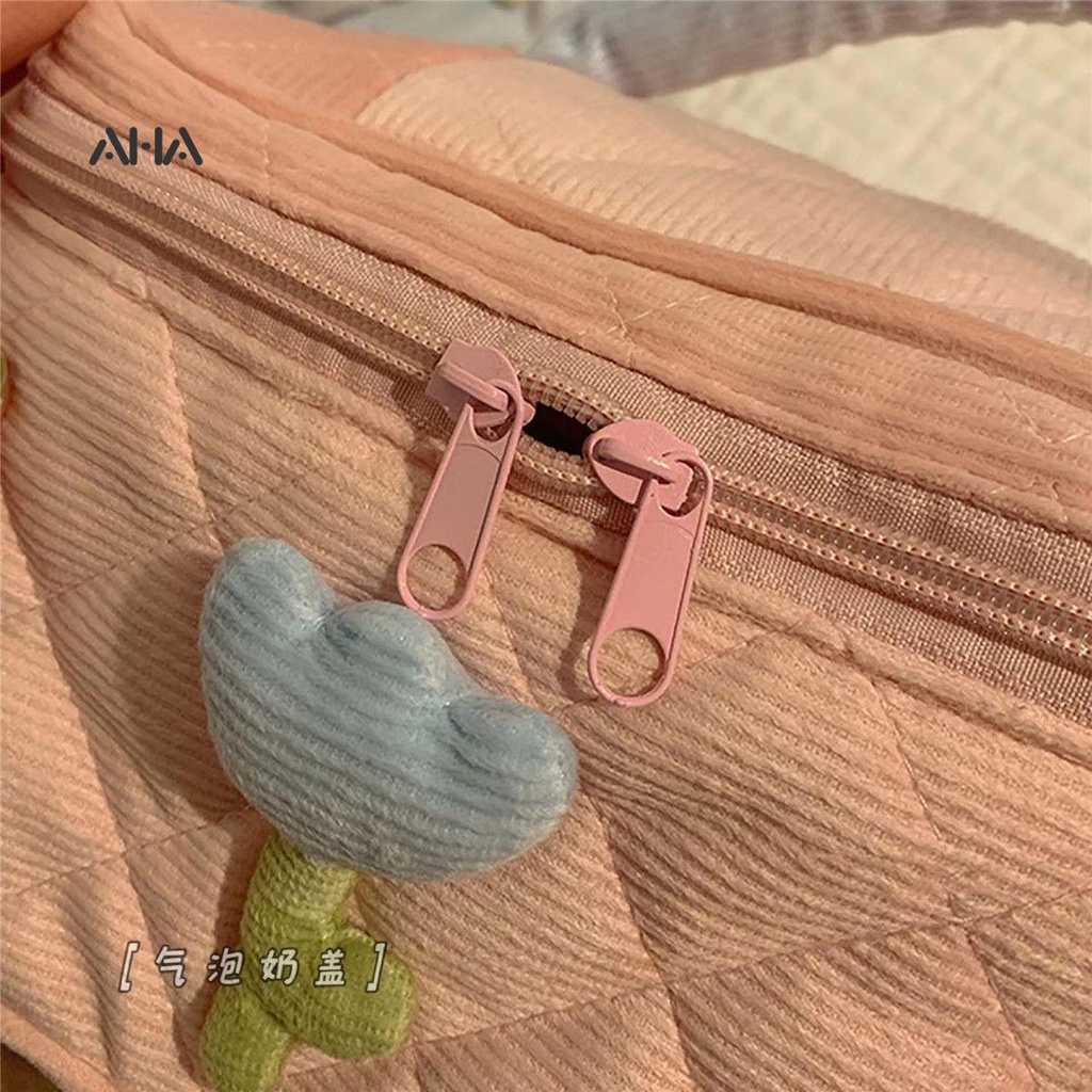 Túi nhung AHA OFFICIAL đựng mỹ phẩm sức chứa lớn họa tiết hoa dễ thương cao cấp