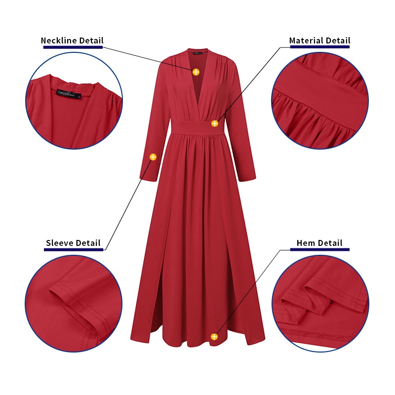 Đầm maxi ZANZEA cổ v tay dài xẻ tà ôm eo thời trang nữ