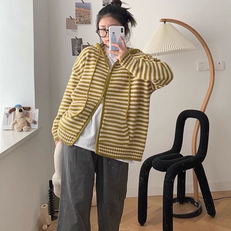 Áo khoác hoodie len dệt kim kẻ ngang dày dặn thiết kế mới thu đông 2023