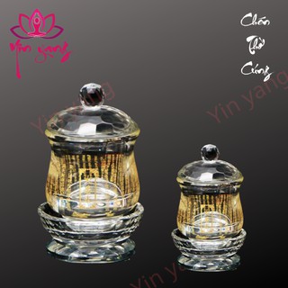 Chén nước cúng Phật, dâng nước thờ Thánh, thờ gia tiên bằng pha lê in chú Đại Bi