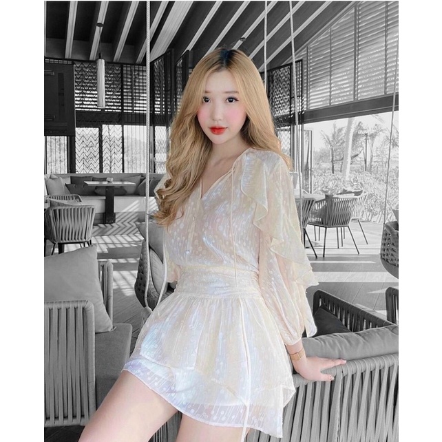 SET ÁO BÈO DÀI TAY + CHÂN VÁY 2 TẦNG CÓ QUẦN BÊN TRONG REN TƠ SỌC TRẮNG KEM HOT HIT