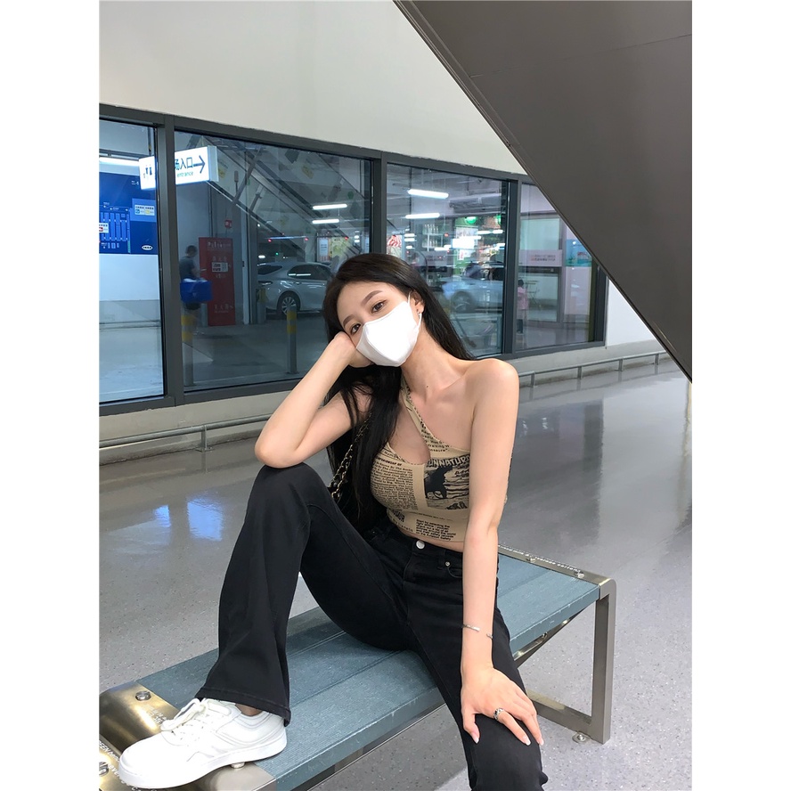 Cocory vn Áo Hai Dây Croptop In Họa Tiết Tờ Báo Thời Trang Quyến Rũ Cho Nữ