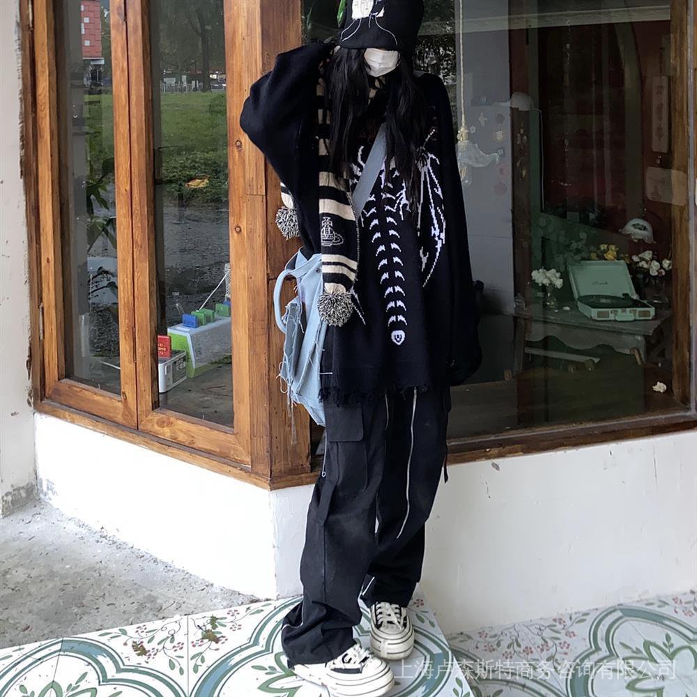 Áo Sweater Dệt Kim Dáng Rộng In Hình Đầu Lâu Kiểu Mỹ Thời Trang Thu Đông Cho Các Cặp Đôi
