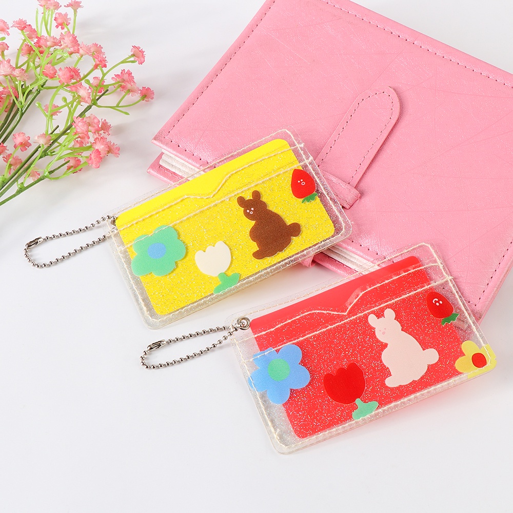 ROSE 2Pcs PVC Card Bag Waterproof Card Case Wallet Bag Cute Transparent Fashion Bear Rabbit Print Flowers