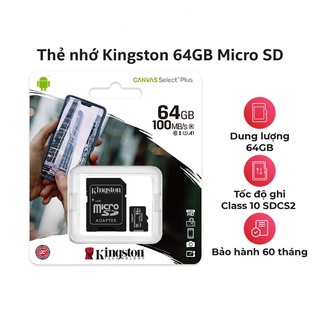 Thẻ Nhớ MicroSD Kingston 64GB Class 10 100Mbs Bảo hành 60 Tháng
