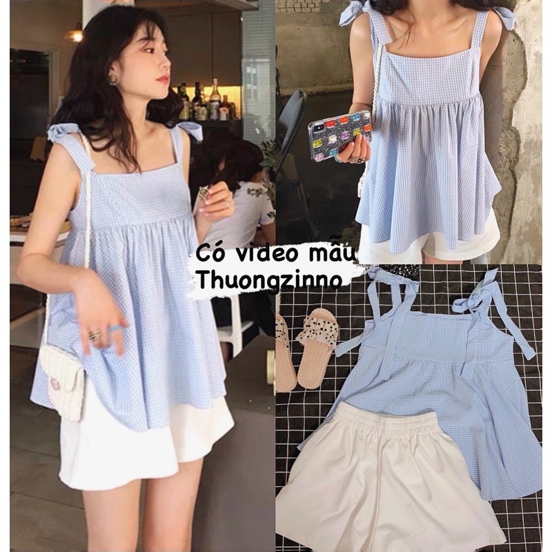 [Ảnh thật/Video]Set Adela gồm áo hay dây kẻ caro kèm quần sooc trắng  Set Bộ Đồ Bánh Bèo Tiểu Thư Đi Dạo Phố Sang Chảnh