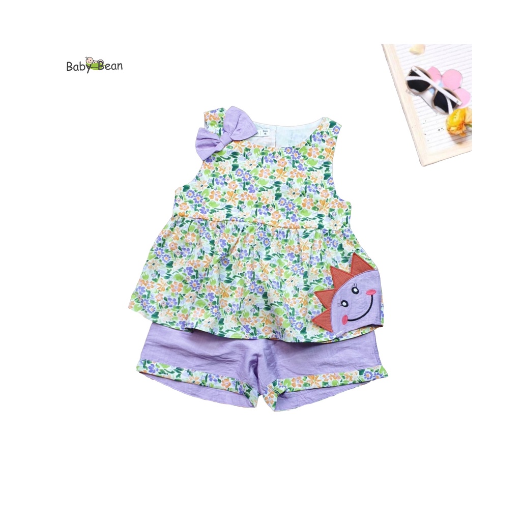 Bộ Đồ Cotton Hoa Thắt Nơ Thêu Mặt Trời Bé Gái BabyBean