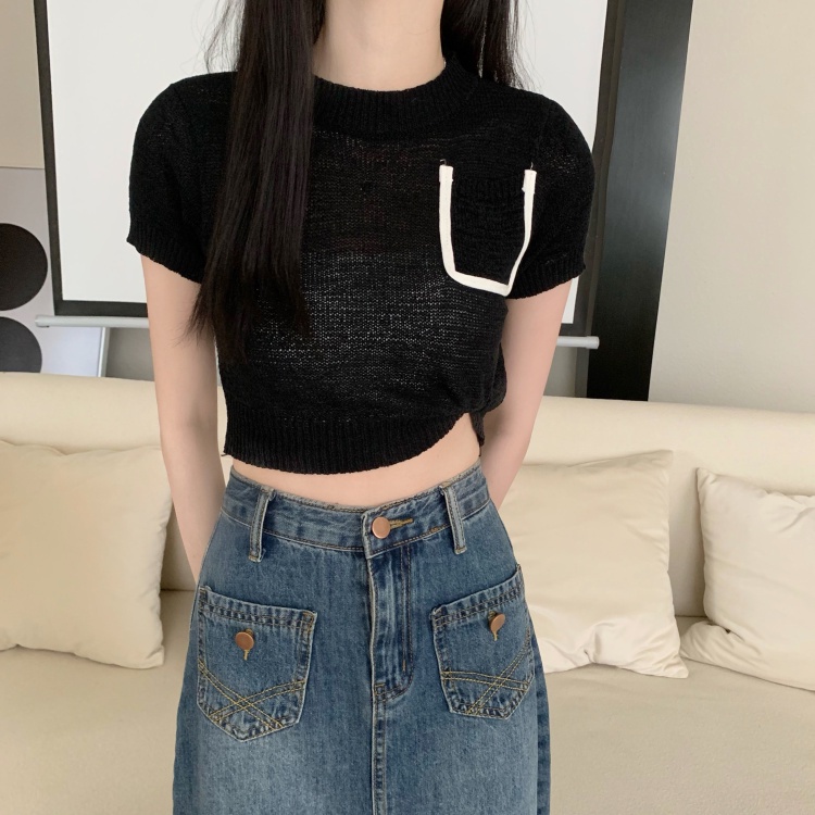 【ZHELIHANGFEI】Áo Dệt Kim Tay Ngắn Cổ Tròn Dễ Phối Đồ Hợp Thời Trang