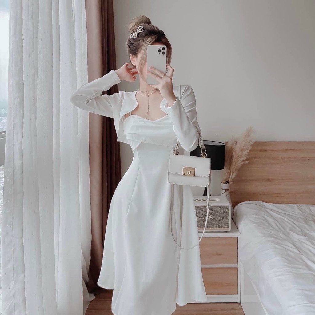 Đầm váy nữ dáng xòe họa tiết màu trắng trẻ trung kèm áo khoắc sang trọng dạo phố, dự tiệc