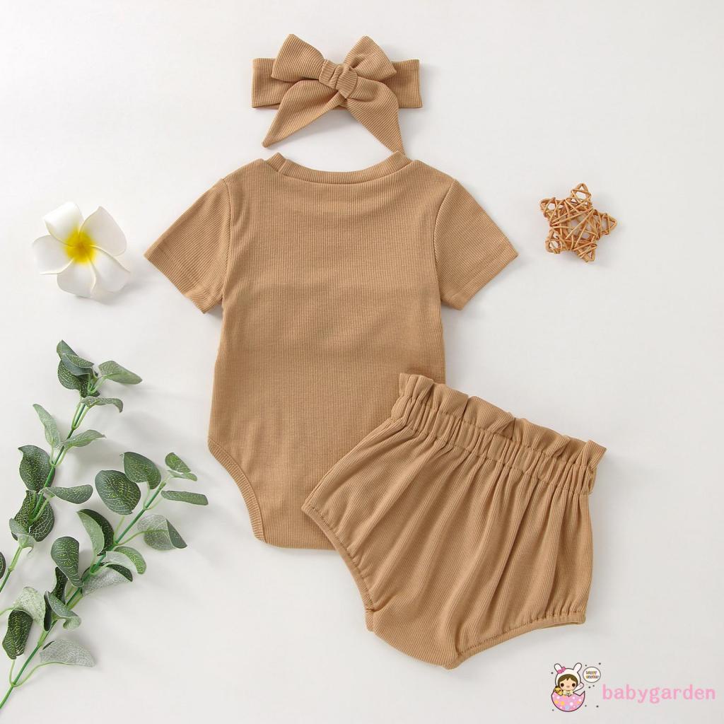 BABYGARDEN-0-18months Baby Girl´s Set, Solid Color Short Sleeve Ruffle Romper + Elastic Waist Shorts + Headwrap