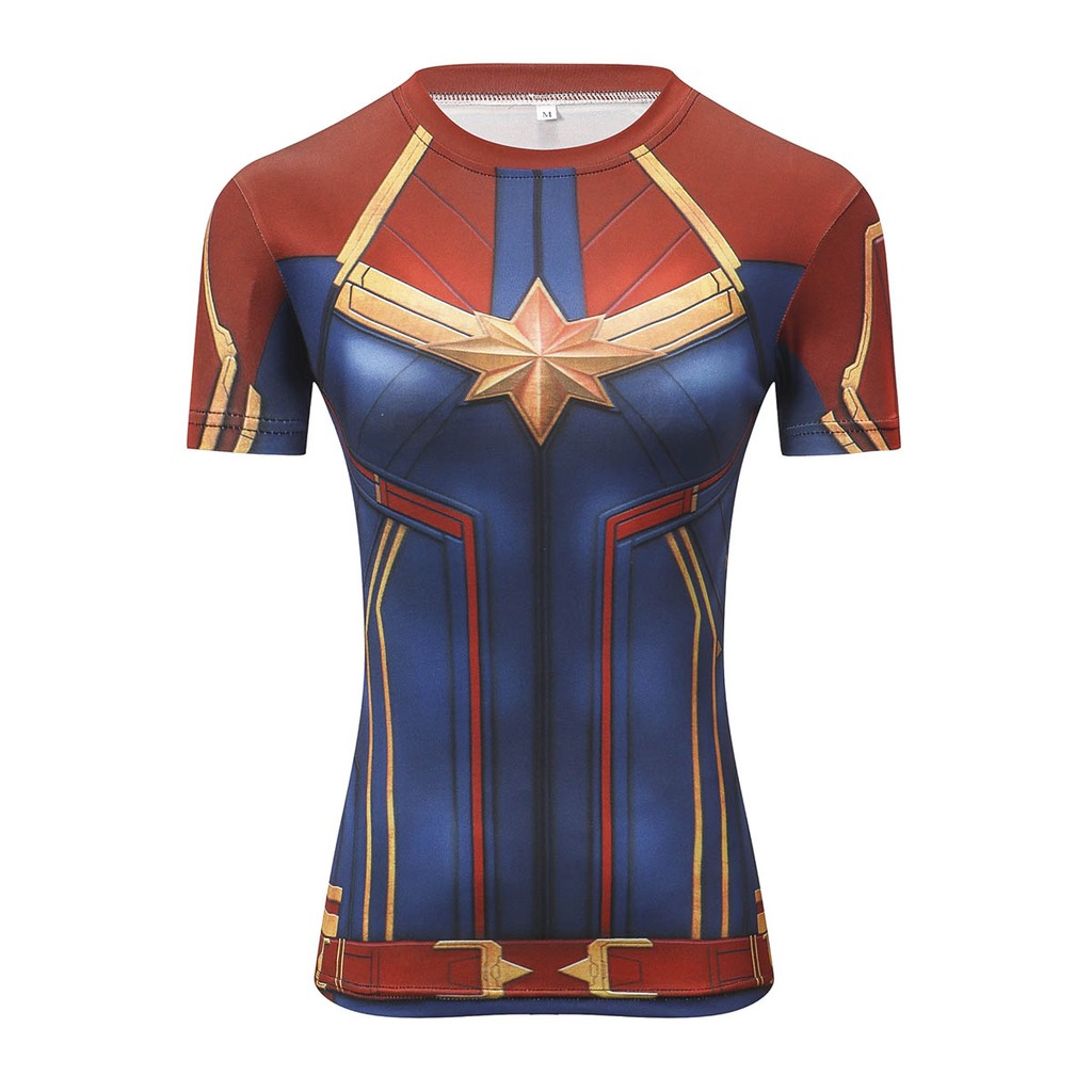 Áo thun nữ nén thời trang cosplay Superhero Captain Marvel HUQISHA