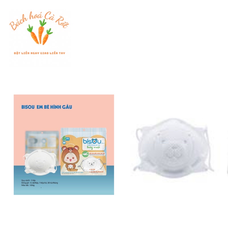 Khẩu Trang Gấu Cho Bé Bisou 3D Kháng Khuẩn Sét 6 Cái Có Dây Điều Chỉnh Độ Dài Cho Trẻ