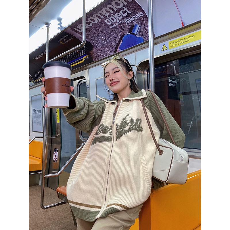 Áo Khoác Cardigan Dệt Kim Cổ POLO Dáng Rộng Thời Trang Thu Đông Mỹ 2022 Cho Nữ