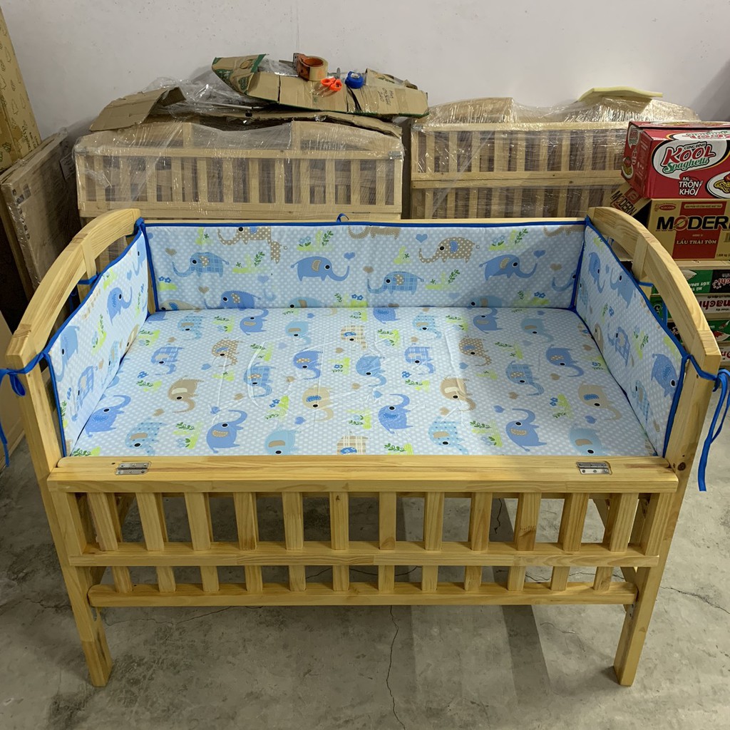 Bộ quây và ga bọc nệm cho cũi gỗ vải cotton hàn, kích thước 70x120cm