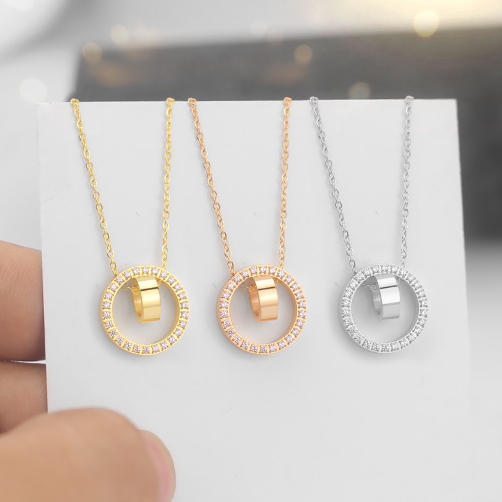 Dây chuyền titan 2 nhẫn lồng đính đá vòng quanh lấp lánh siêu đẹp, bền màu, hợp thời trang