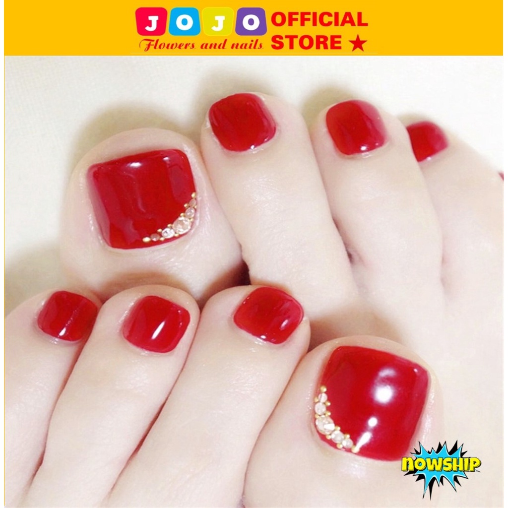 Móng chân giả đính đá màu đỏ son, JJP028 bộ 24 móng kèm keo dán tại nhà