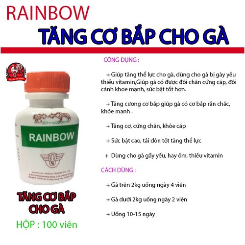 thuốc gà đá- RAINBOW-  [ COMBO 5 LỌ  x 100 VIÊN ]   -NUÔI TĂNG CƠ BẮP CHO GÀ ĐÁ