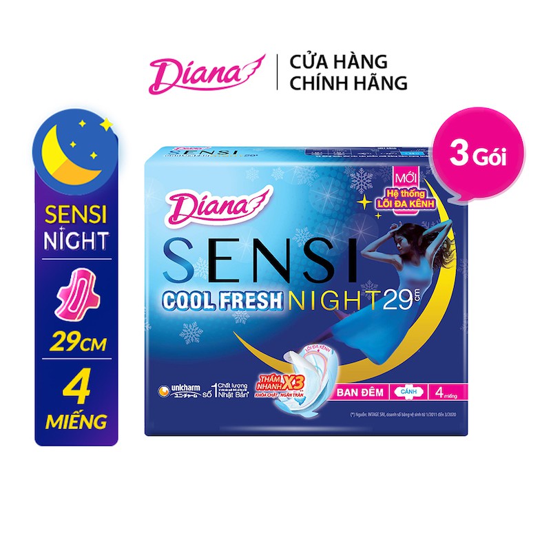 Combo 3 Băng Vệ Sinh Diana Sensi Cool Fresh Ban Đêm 29cm 4 miếng