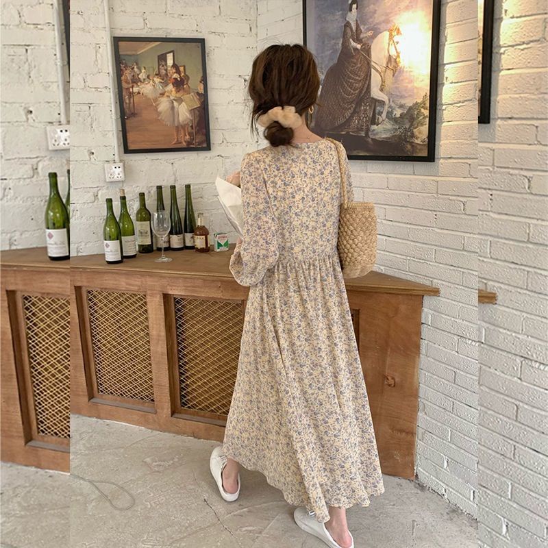 Đầm Chiffon Tay Phồng Dài In Họa Tiết Hoa Phong Cách Pháp Thời Trang Mùa Đông Cho Nữ