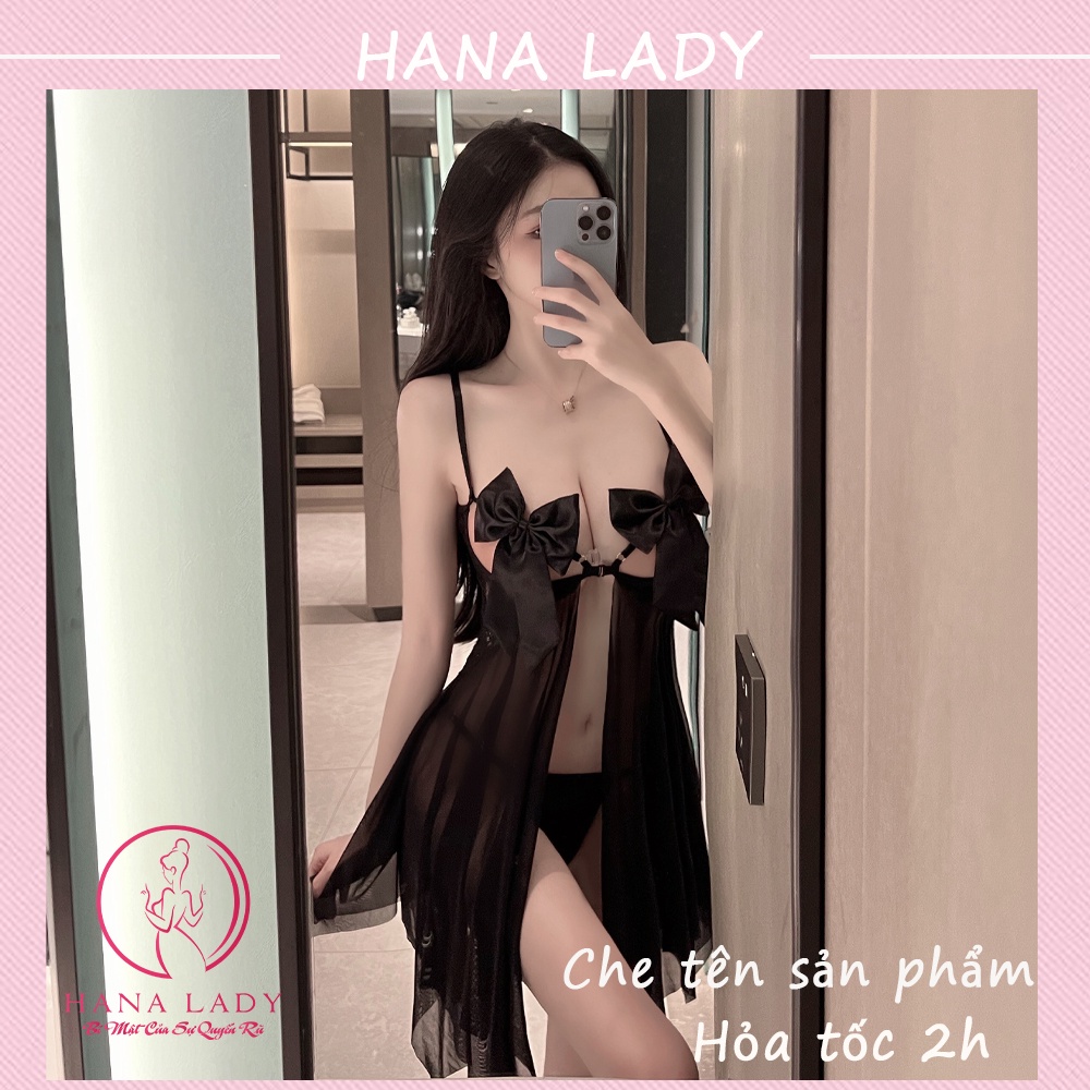 Váy ngủ sexy, đầm ngủ 2 dây xuyên thấu gợi cảm đính nơ VN507