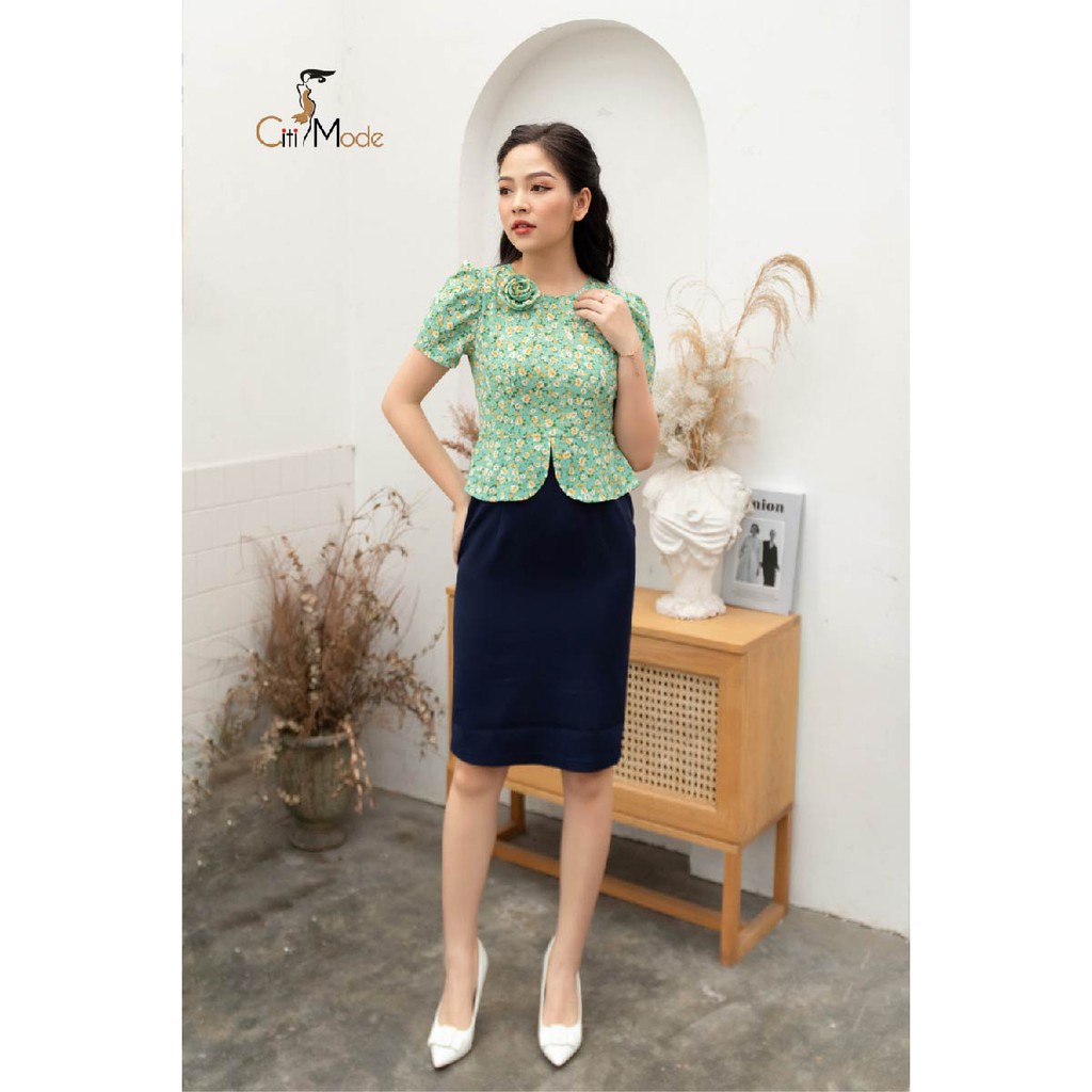 Đầm ôm peplum hoa xanh phối chân xanh than cổ tròn tay ngắn DH2686