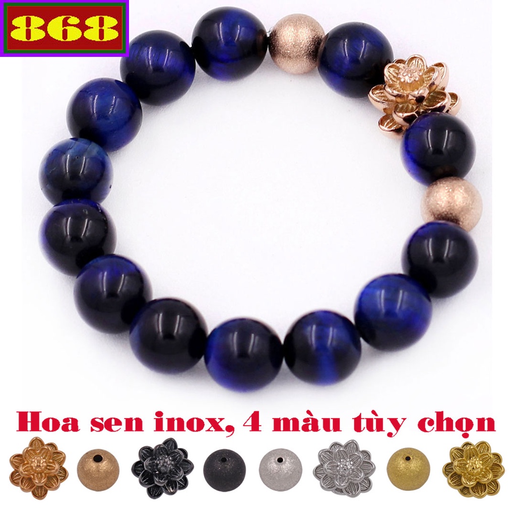 Vòng tay chuỗi hạt đá-hổ xanh đen charm hoa sen 2 bi