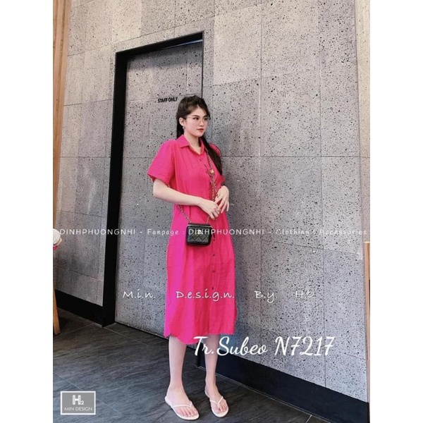 Váy sơ mi đũi trơn dáng dài bốn màu hồng, vàng, xanh lá, xanh ngọc