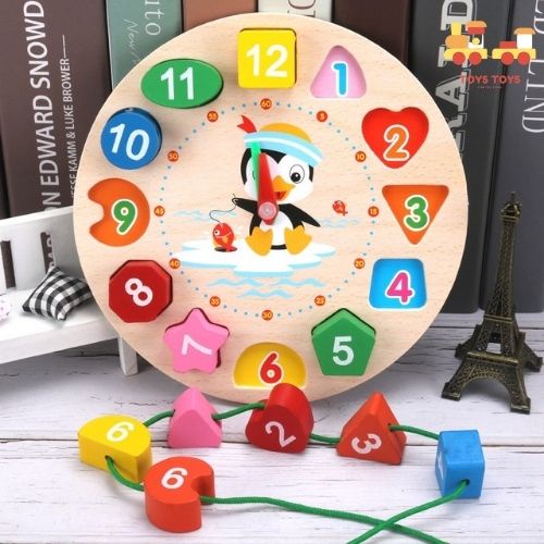 Đồ Chơi Gỗ MONTESSORI Đồng Hồ Xâu Dây Giúp Bé Học Đếm Phân Biệt Hình Khối Và Màu Sắc