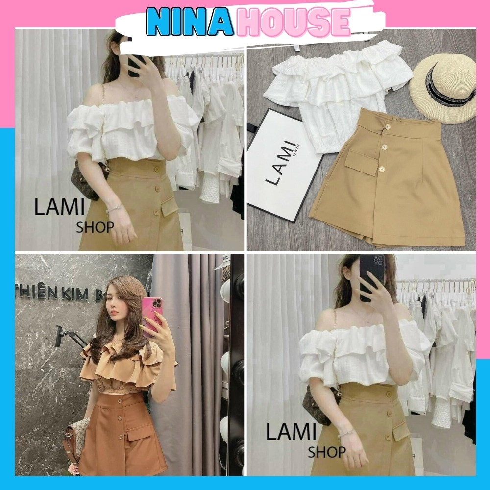 Set Chân Váy 3 Cúc Và Áo Trắng Trễ Vai Tay Phồng 444 - Nina House