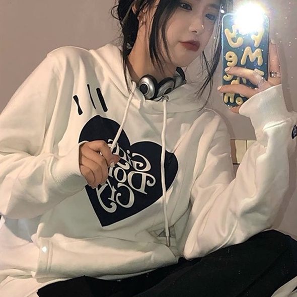 ZHELIHANGFEI Áo Hoodies Tay Dài Hoạ Tiết Trái Tim Phong Cách Preppy