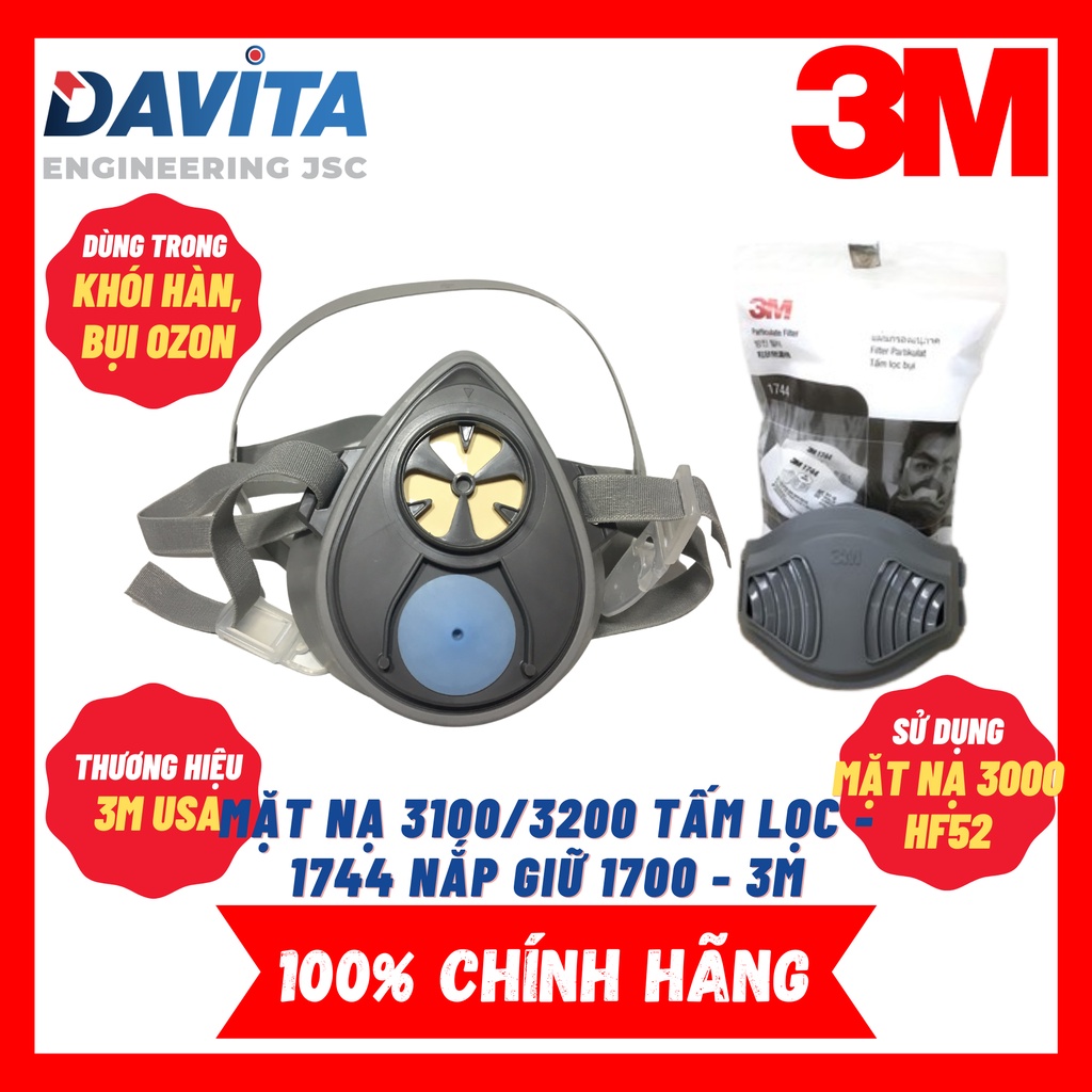 Bộ mặt nạ lọc hơi khói hàn và bụi vô cơ 3100/3200 kèm 10 tấm lọc bụi 1744 và 1 nắp giữ 1700 3M