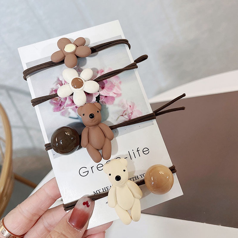 Dây buộc tóc trang trí chú gấu và hoa màu cà phê sữa xinh xắn dễ thương