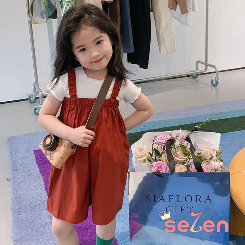 Se7en Set Áo Cổ Tròn Ngắn Tay + Quần Yếm Phong Cách Hàn Quốc Cho Bé Gái