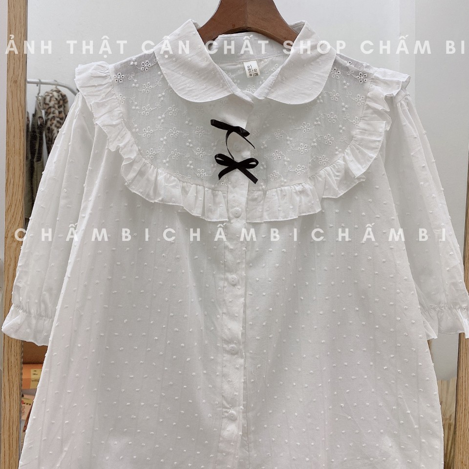 [SALE] Áo Sơ Mi Ngắn Tay Cổ Yếm Bèo Hai Nơ Nhỏ Cực Xinhhh Freesize&lt;53Kg - A.174