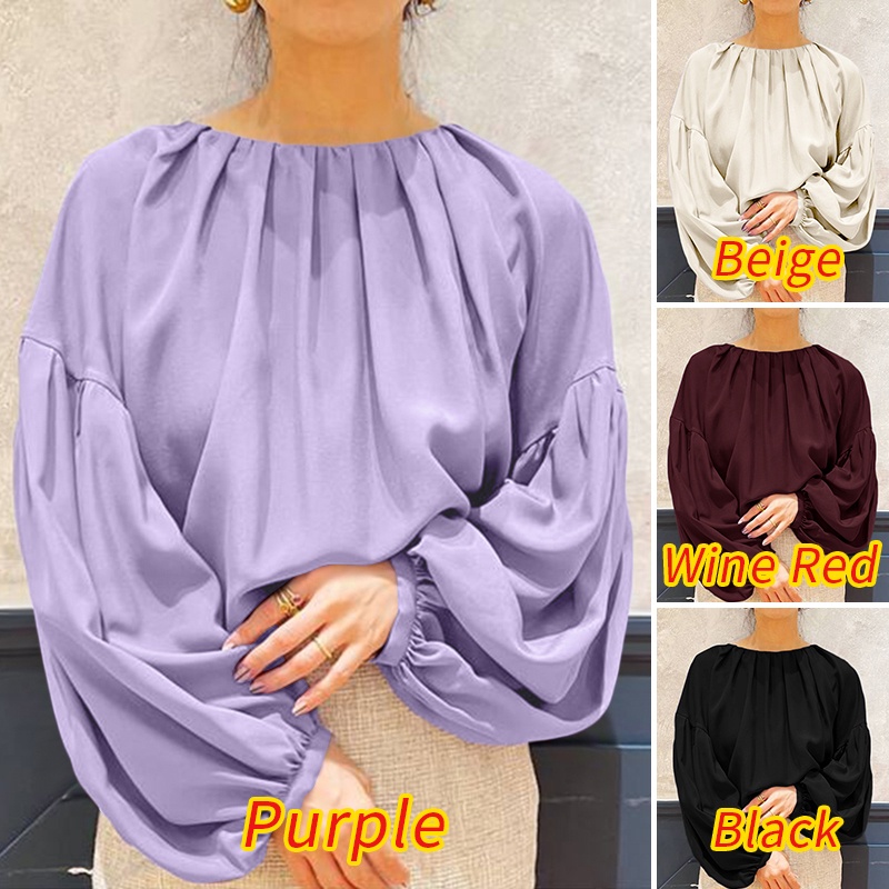 Áo sơ mi kiểu ZANZEA cổ tròn tay phồng dài dễ phối trang phục phong cách Hàn Quốc cho nữ