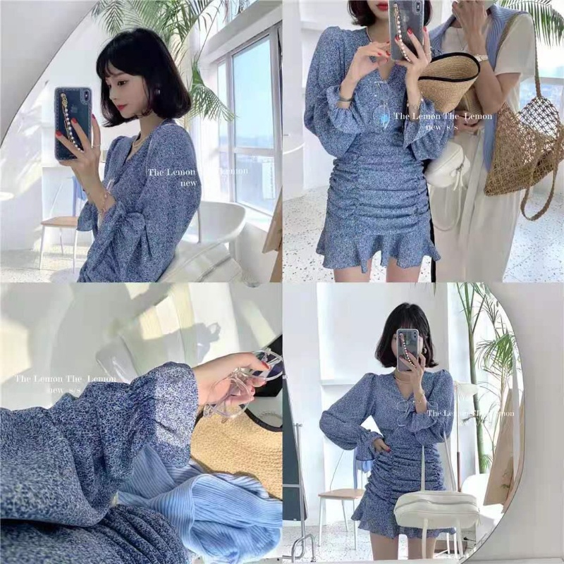 Đầm PERTY cổ chữ V họa tiết hoa phong cách Hàn Quốc thời trang mùa hè xinh xắn dành cho nữ