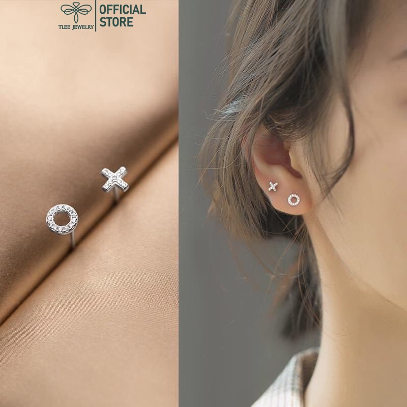 Khuyên tai bạc nữ TLEE X,O nạm đá mini xinh xắn TleeJewelry B0122