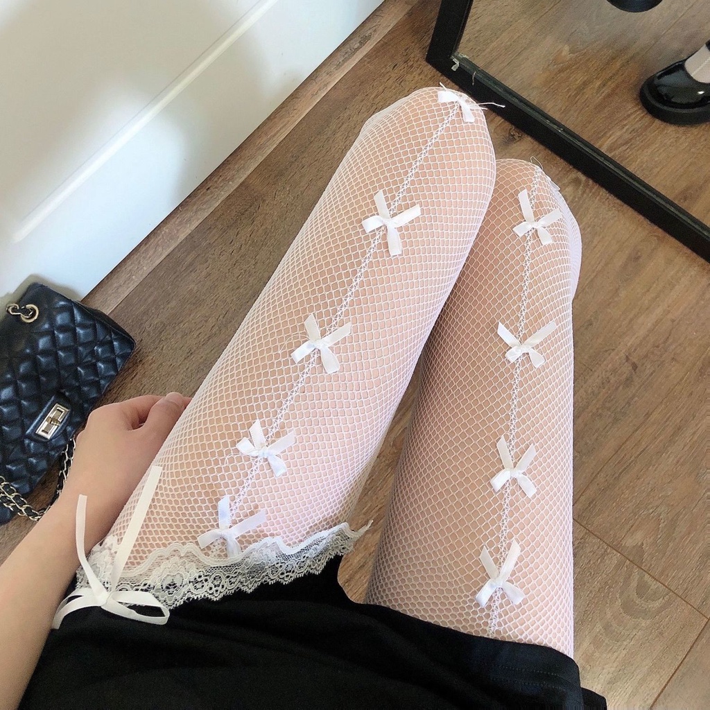 Jk Bow Fishnet Stockings Women Thin Summer Sexy Lolita Tights Hollow Beautiful Legs Long Tube Bottoming Black Silk Pantyhose