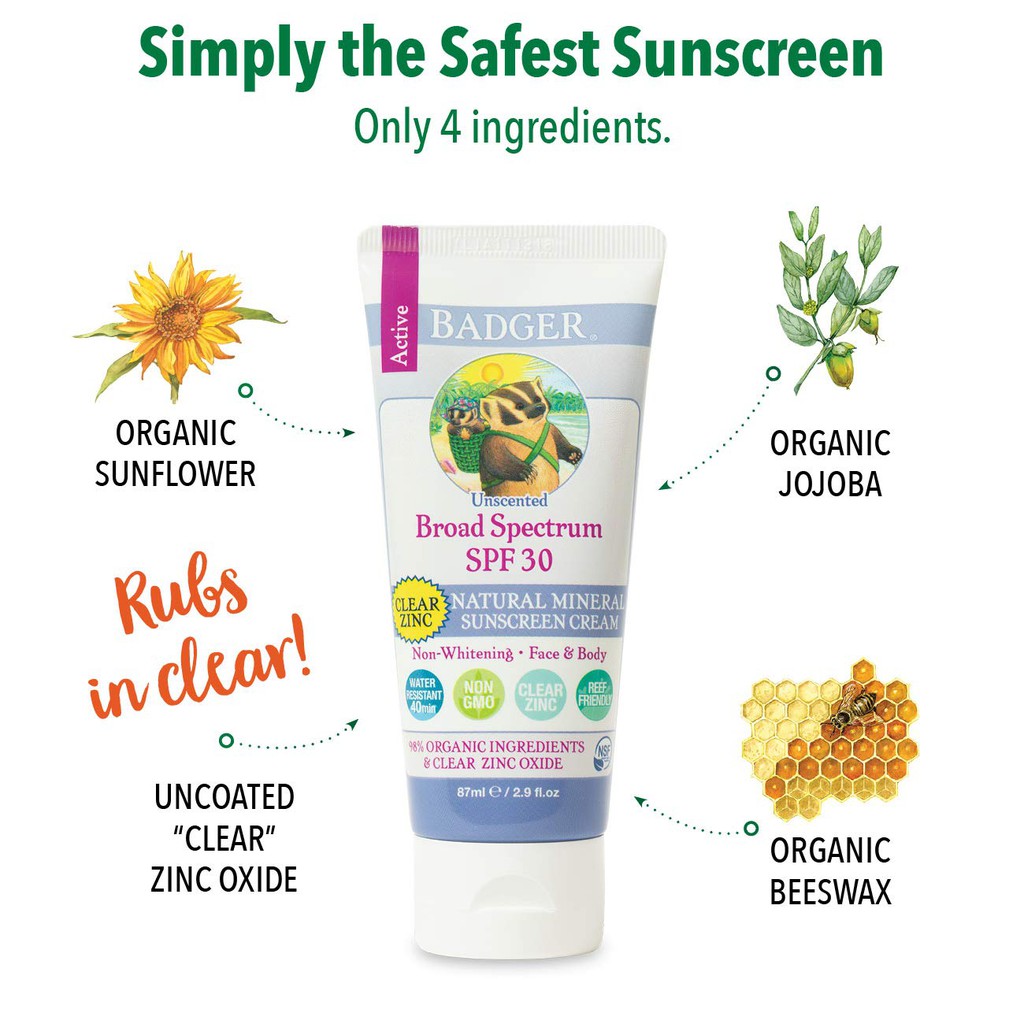 Kem chống nắng vật lý BADGER SPF 30 Clear Sunscreen - phổ rộng không mùi được chứng nhận hữu cơ NSF