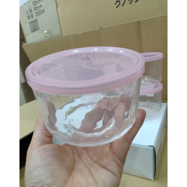 [Hỏa Tốc HN] Hộp thủy tinh có nắp đậy loại màu hồng tròn 420ml Nội Địa Nhật Bản