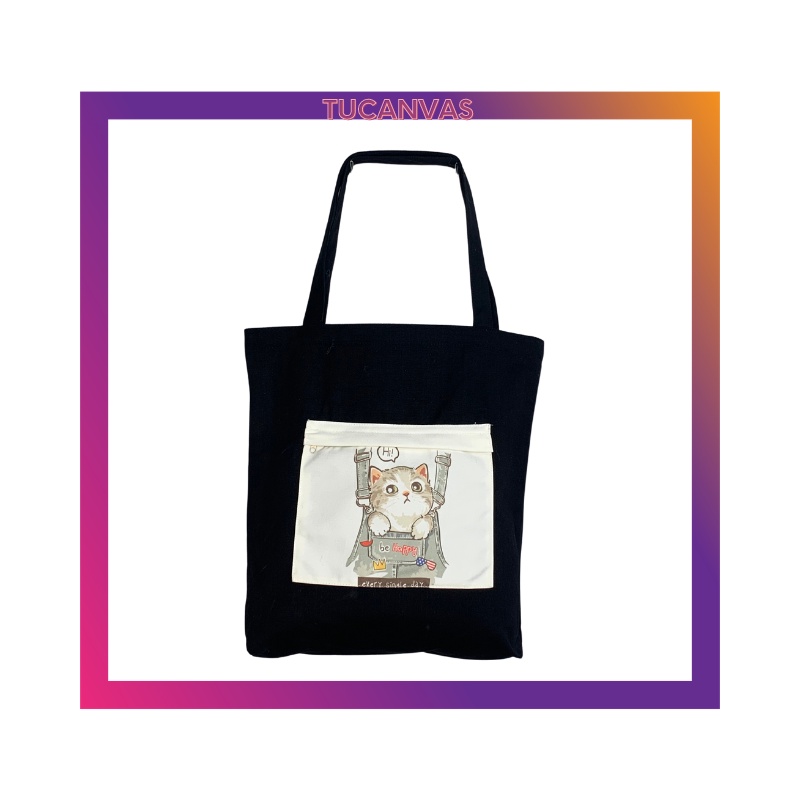Túi đeo chéo canvas, túi tote đeo chéo nữ vải canvas màu đen in hình túi phụ ngoài TUCANVAS TCV13 | BigBuy360 - bigbuy360.vn