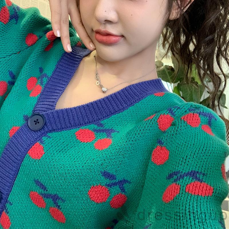 Áo khoác cardigan dệt kim cổ chữ V in họa tiết quả cherry phong cách cổ điển cho nữ