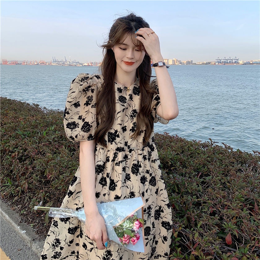 Váy hoa dài tay ngắn mỏng phong cách retro kiểu Pháp phiên bản Hàn Quốc